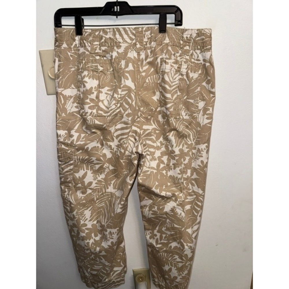 Liz Claiborne Audra Tropical Palm Cargo Pants Tan White Cotton Crop Women 14 (D)